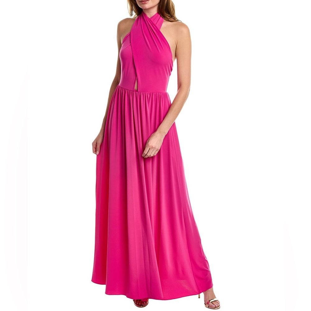 $545 NWT Halston “Jennifer” Cut Out Halter Maxi Gown in Hibiscus Sz 4